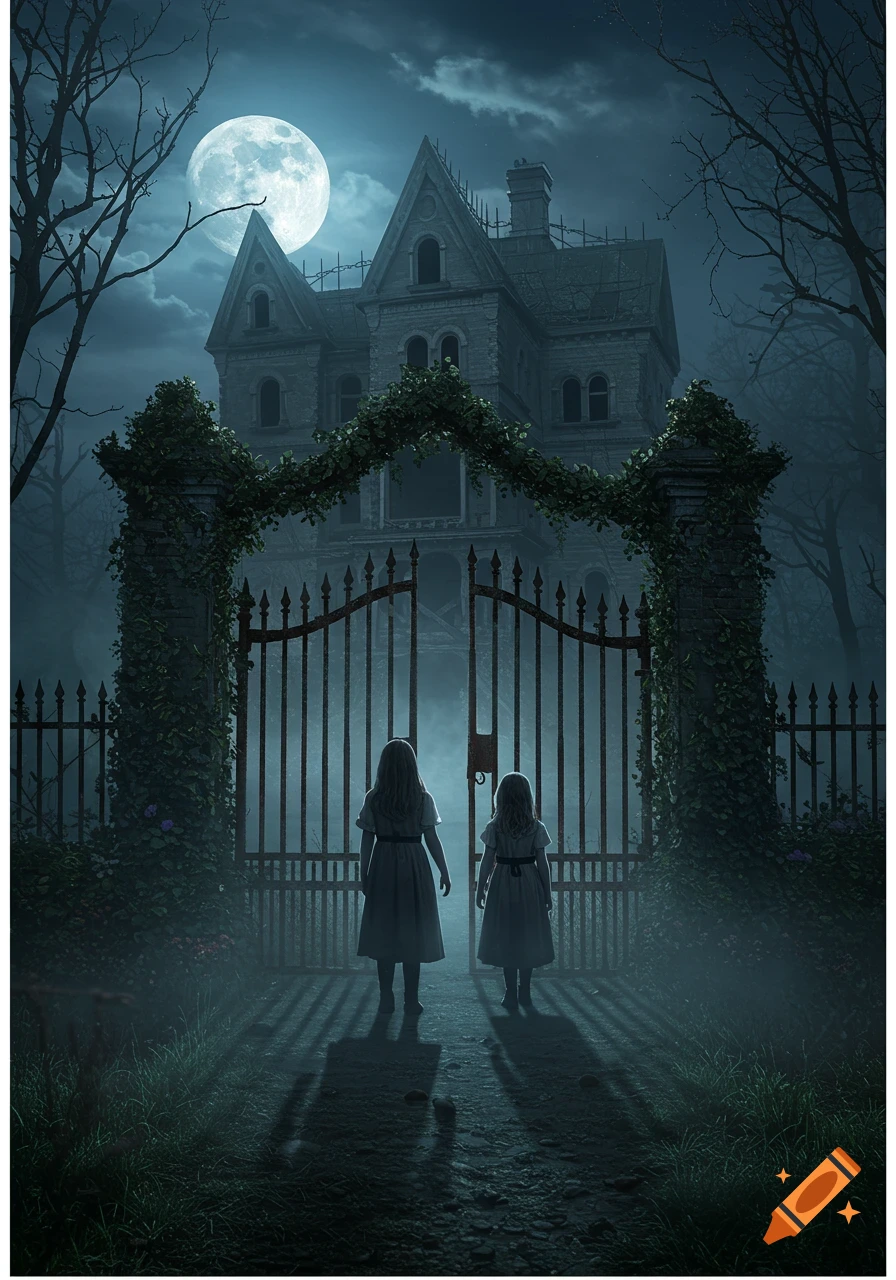 Two young girls stand before a vined gate leading to a creepy haunted house under a full moon on a misty night.