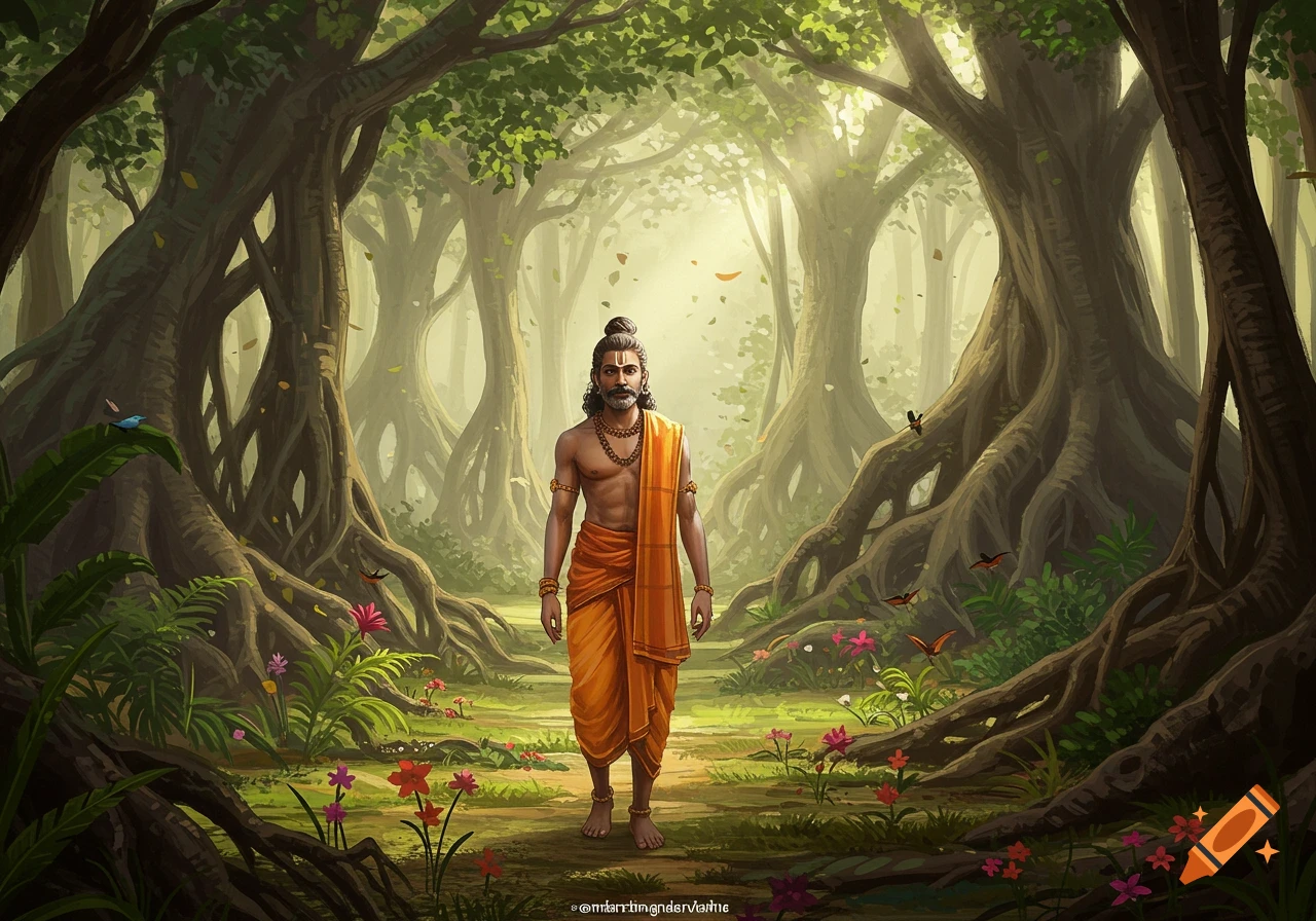 A man in ancient Tamil style orange attire stands in a lush, mystical forest with large trees and roots.