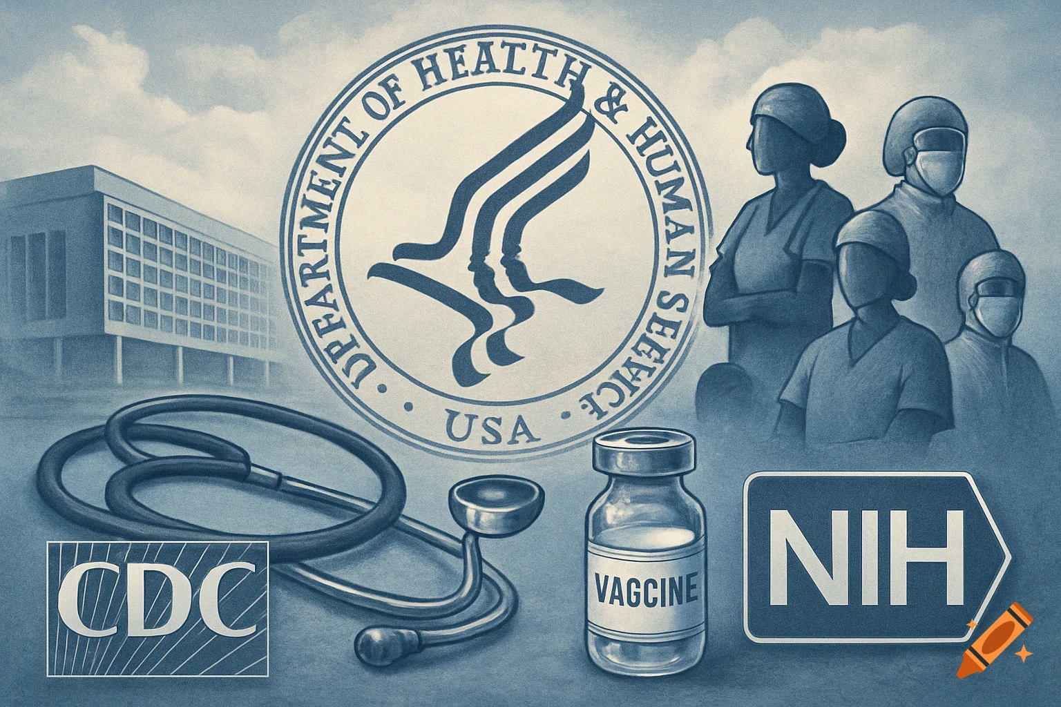 Stylized illustration of medical themes including the HHS logo, a building, a stethoscope, a vaccine vial, medical workers, and logos for CDC and NIH.