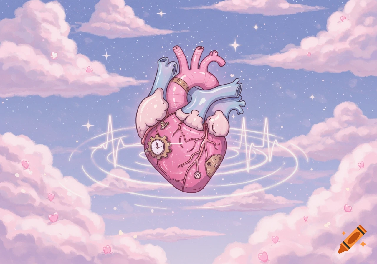A whimsical, cartoon anatomical heart with gears floats in a pastel pink and blue sky with clouds and tiny hearts.