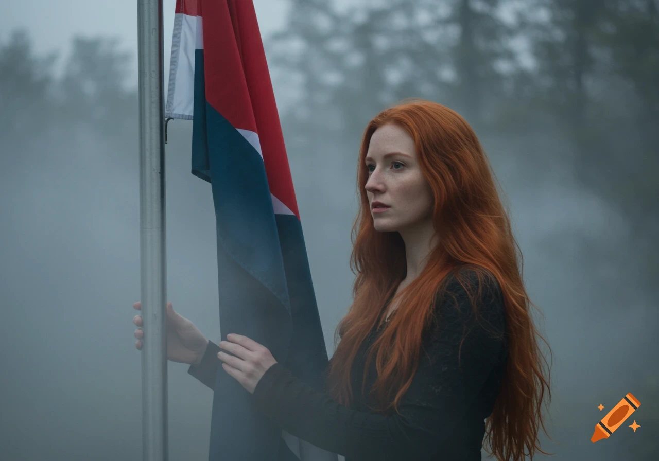 A red-haired woman stands next to a red, white, and blue flag in a misty forest.