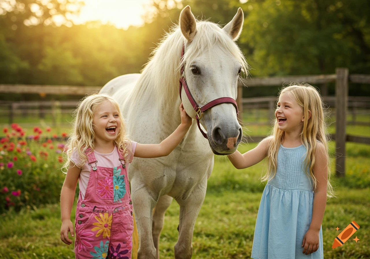 Two happy blonde girls pet a white horse in a sunny field. One wears pink overalls, the other a blue dress.