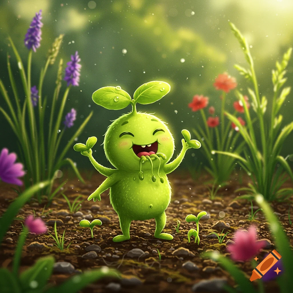 A cute, happy, round green cartoon plant character with leaves on its head, drooling, stands in a vibrant garden with flowers.