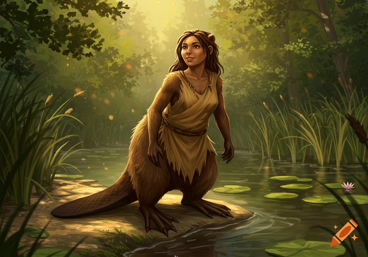 A humanoid beaver creature with brown fur and webbed feet stands by a pond in a sunny forest.
