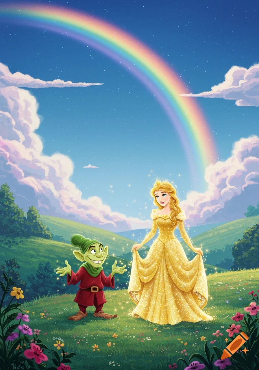 An animated princess in a golden gown stands next to a green goblin-like creature in a vibrant meadow under a rainbow.