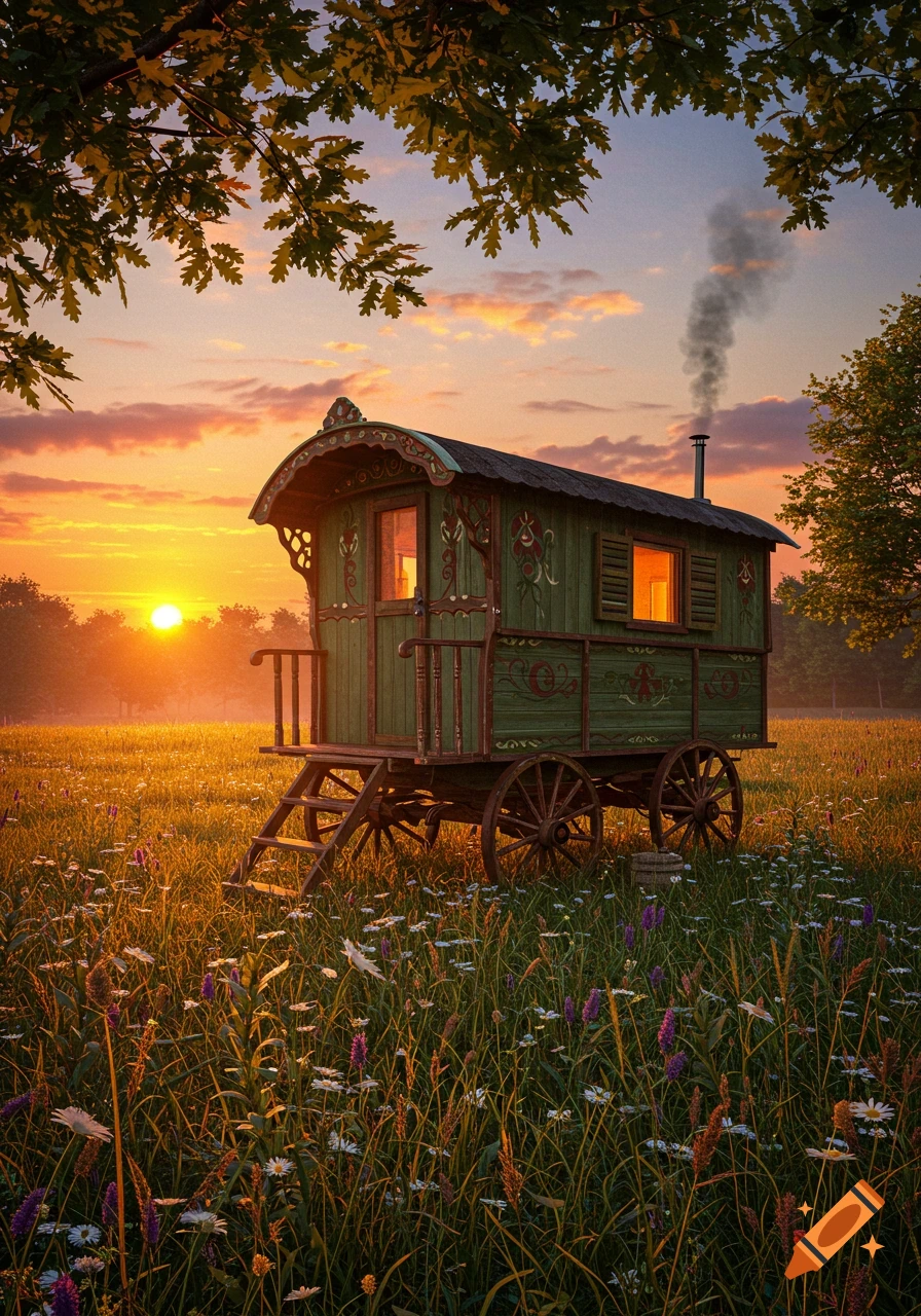 A green wooden caravan with ornate red details sits in a sunlit field of wildflowers at sunset, under a leafy tree.