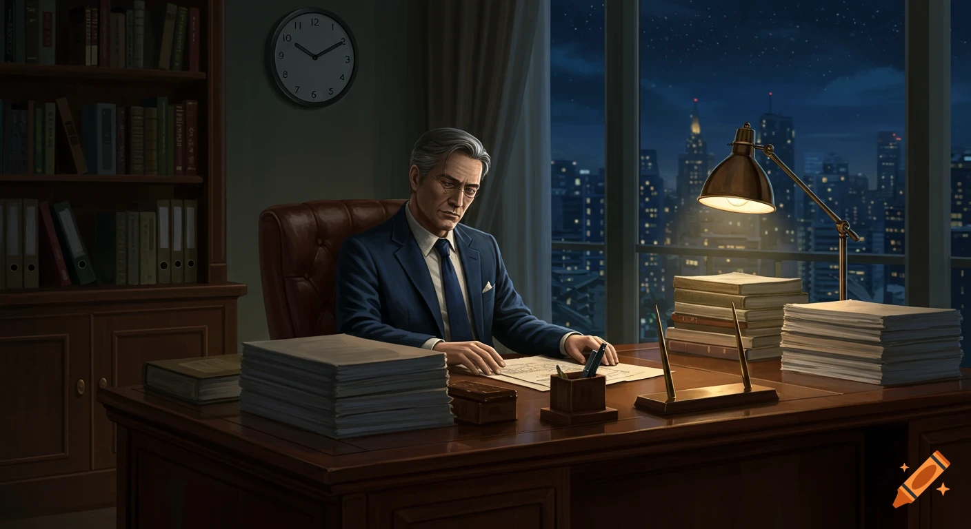 Illustrative image of a man in a suit working late at a desk in an office overlooking a city at night.