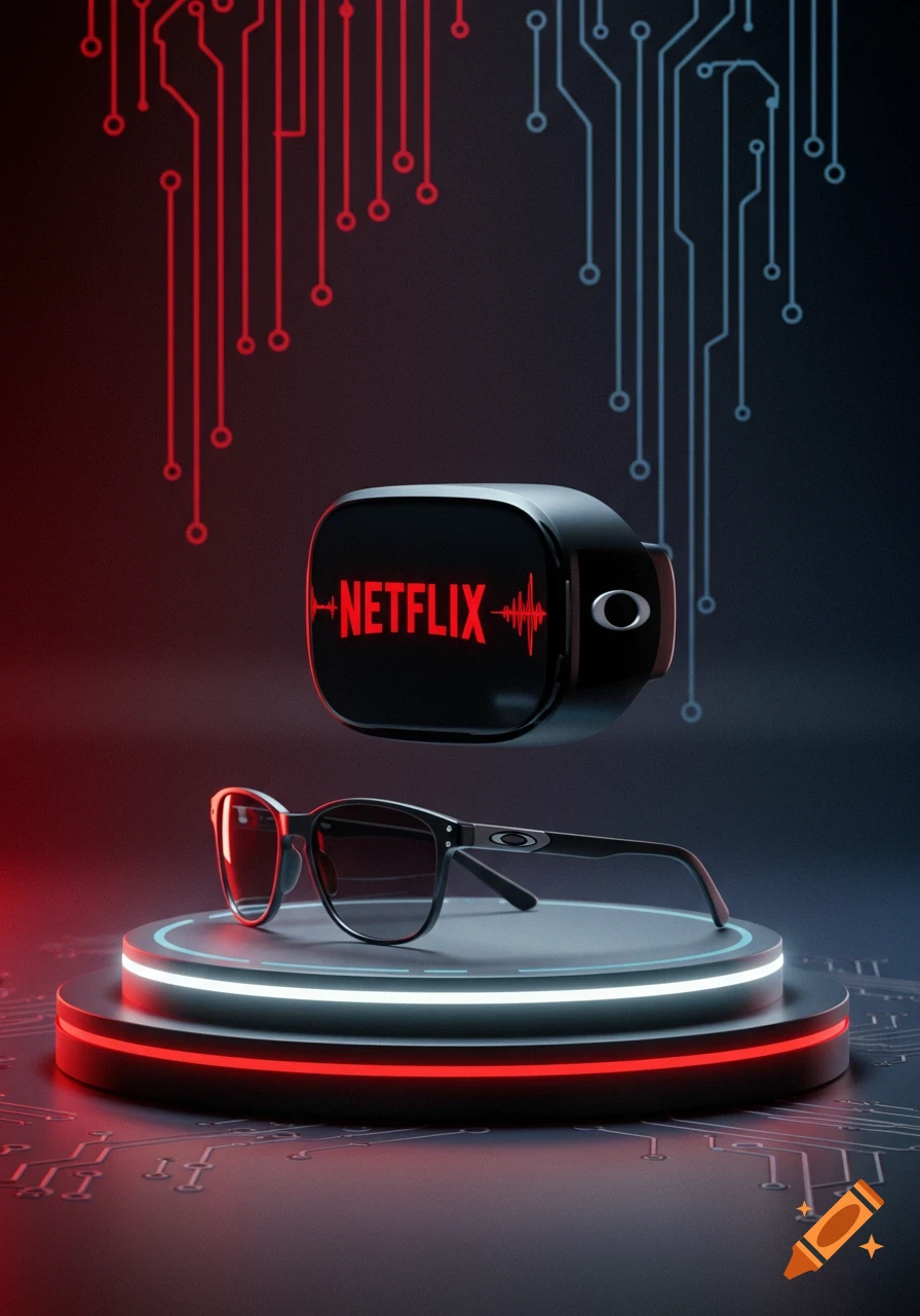 Black VR headset with a red 'NETFLIX' logo and Oakley glasses on a futuristic podium with circuit patterns.