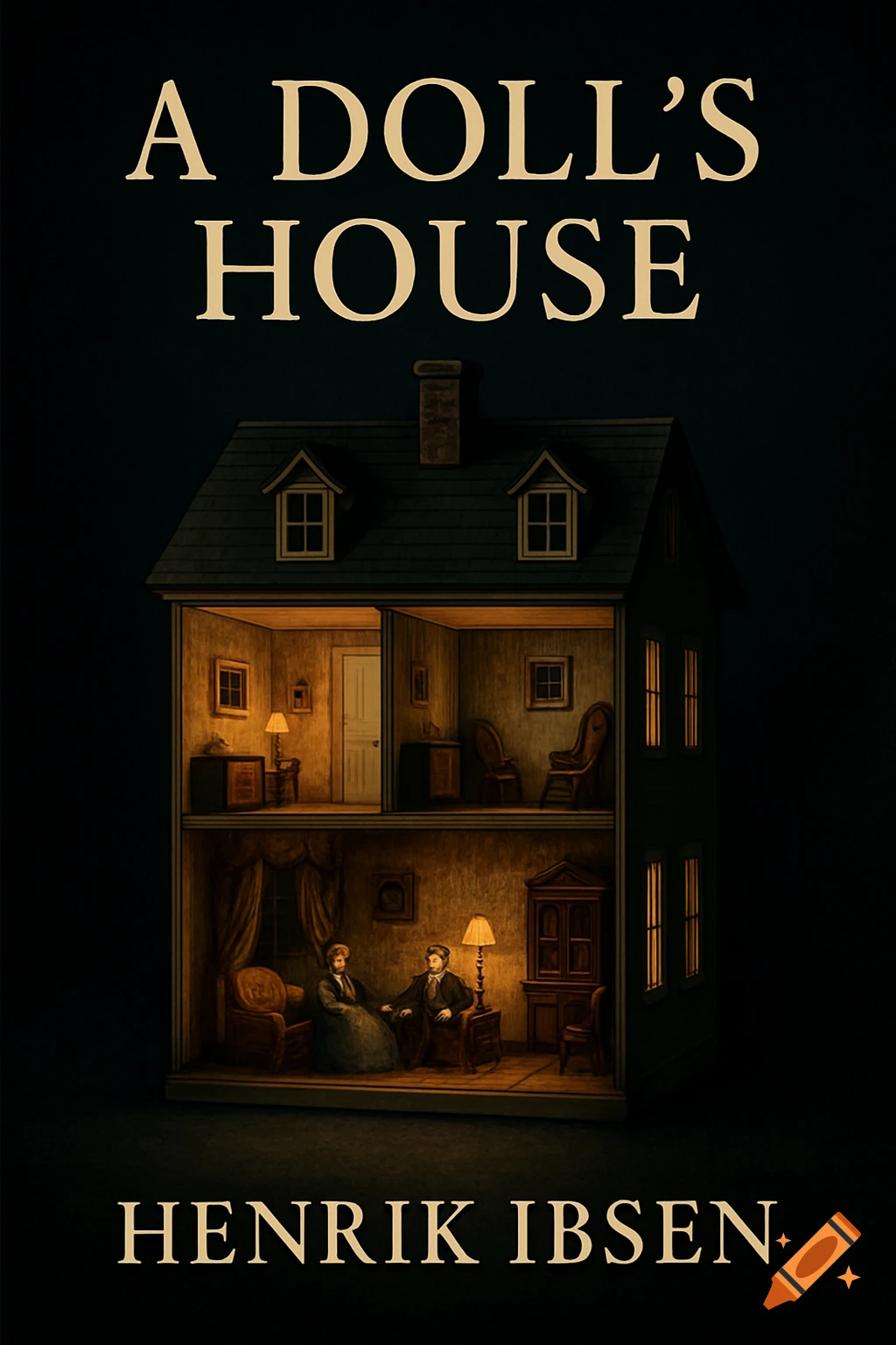 A book cover featuring a cutaway dollhouse at night with a couple sitting inside, titled A DOLL'S HOUSE by Henrik Ibsen.