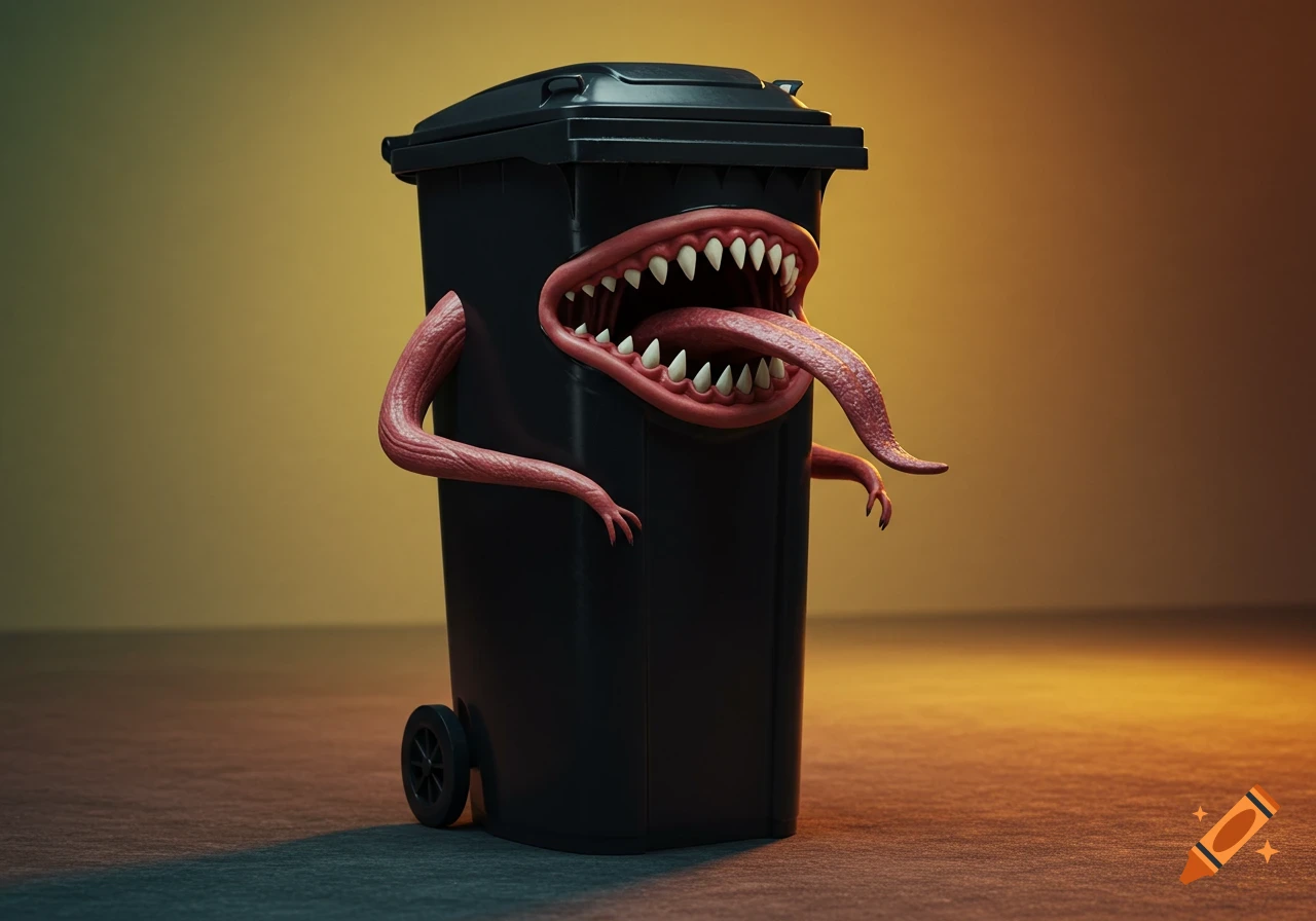 A black waste bin with a monster's open mouth, sharp teeth, and long tongue protruding, flanked by two tentacle-like arms.