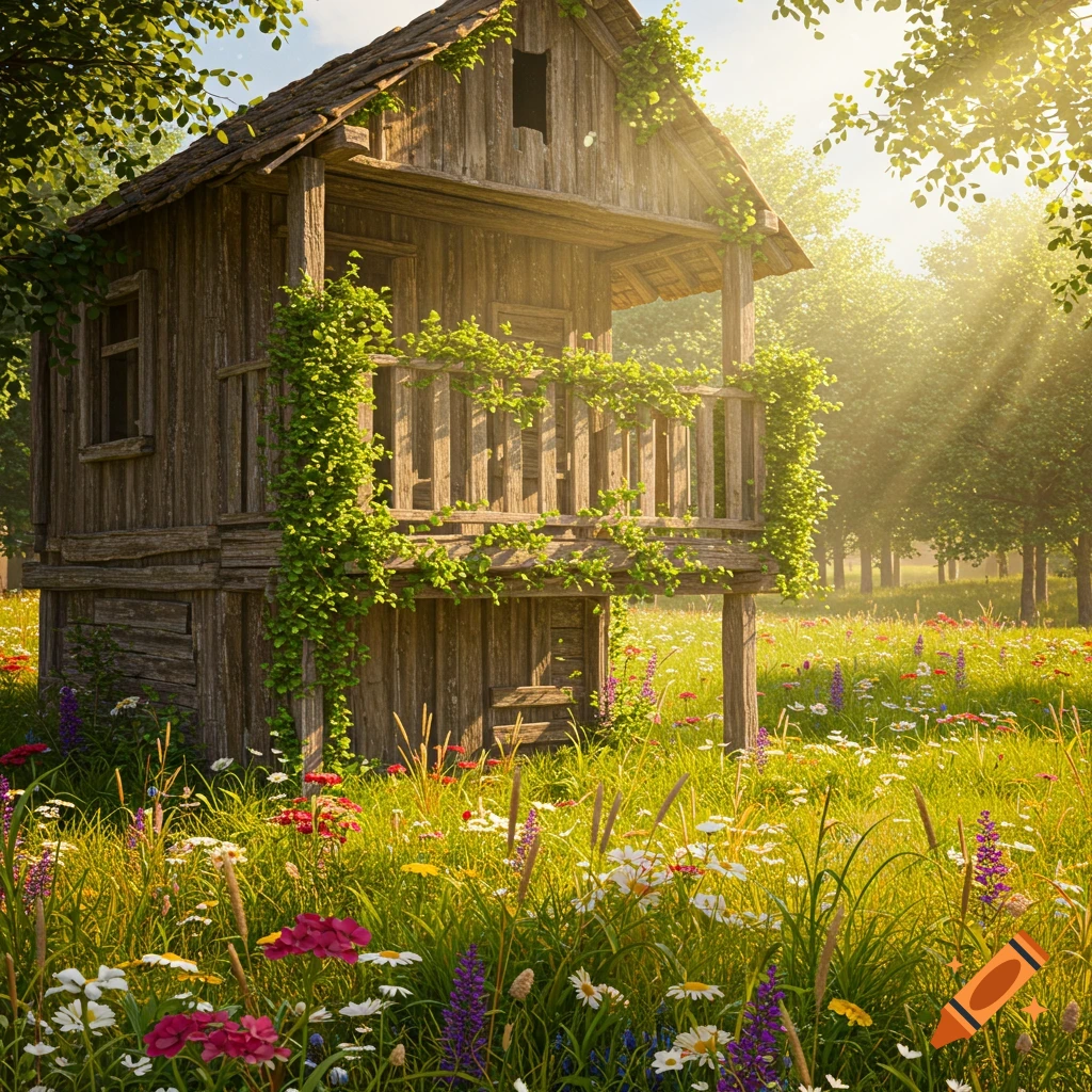 A rustic wooden cabin with a porch, covered in green vines, stands in a vibrant sunlit field of wild colorful flowers and tall grasses, surrounded by trees.