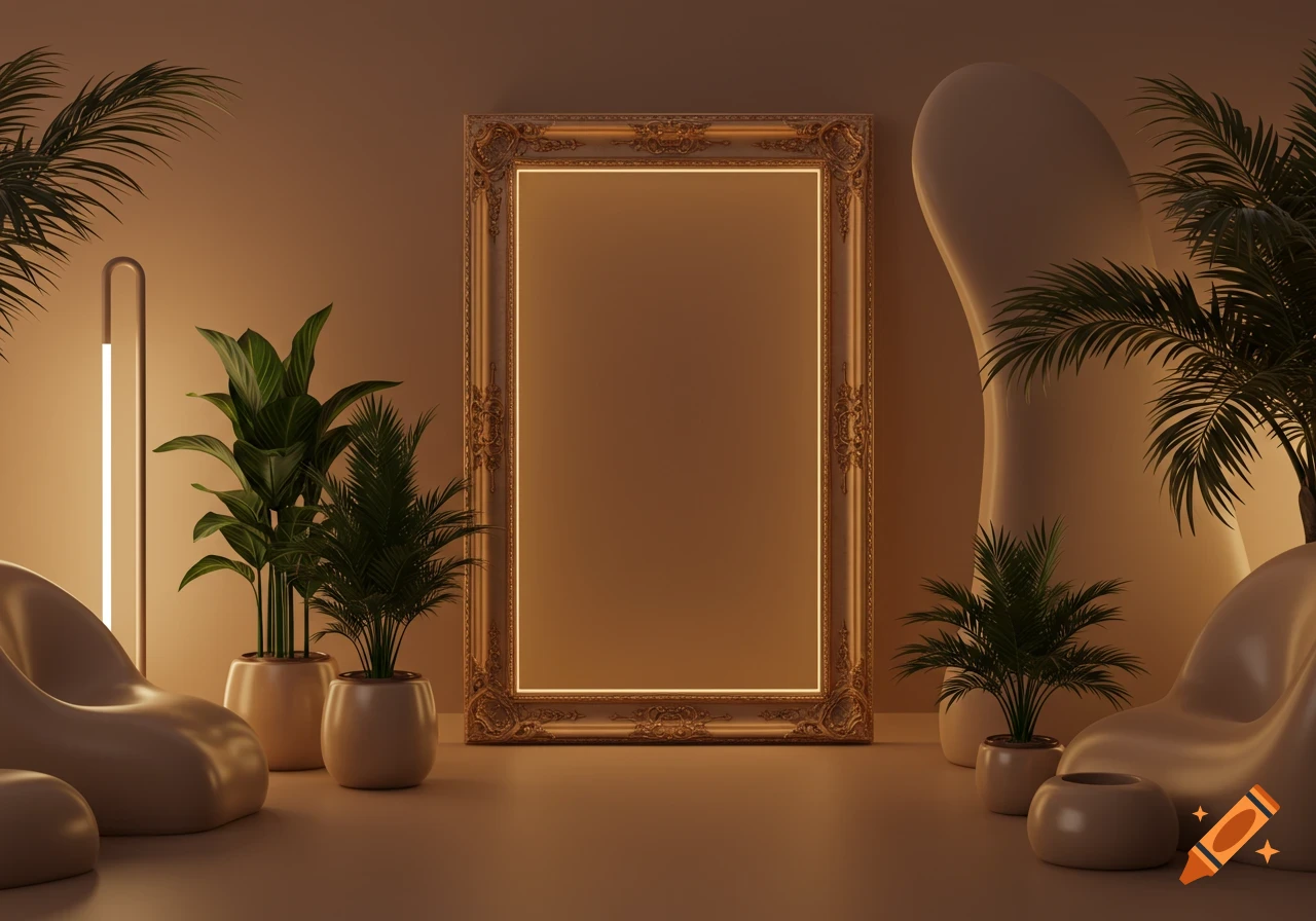 A well-lit 3D render of an elegant room with a large ornate gold frame, modern furniture, and lush green potted plants.