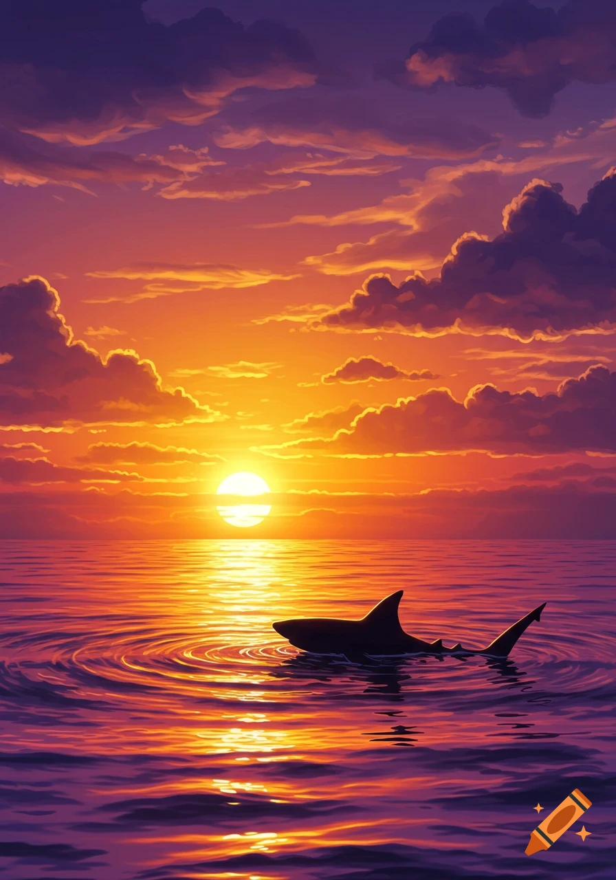 A stylized illustration of a shark silhouetted in the ocean at sunset, with vibrant orange and purple clouds.