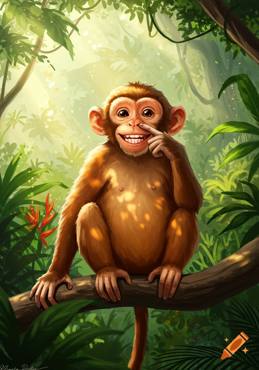 A smiling cartoon monkey picks its nose while sitting on a branch in a sunny jungle, in an illustrated style.