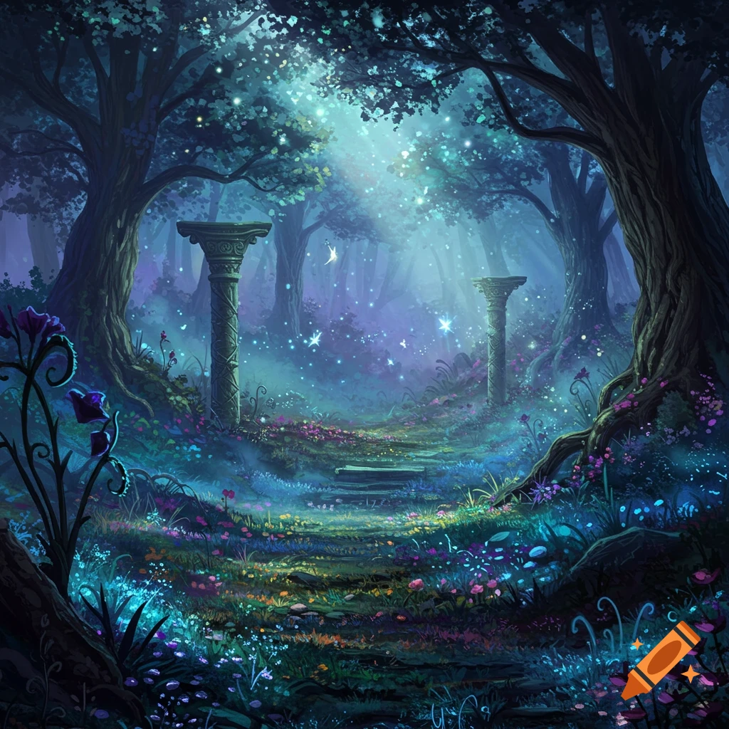 A magical fantasy forest at dusk with ancient stone pillars, a path, glowing particles, and vibrant flora in hues of blue, purple, and green.