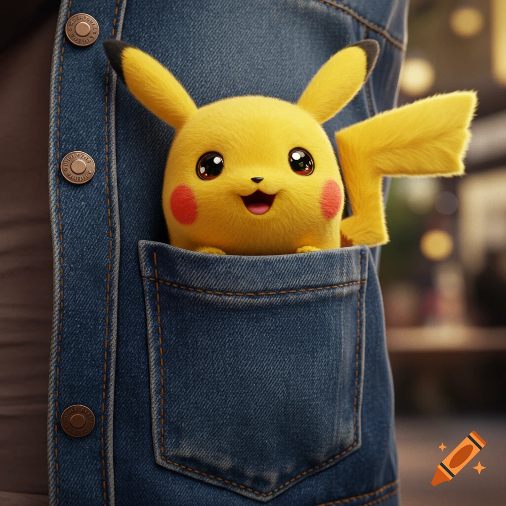 A cute, fluffy Pikachu peeks out from the pocket of a blue denim jacket in a photorealistic style.