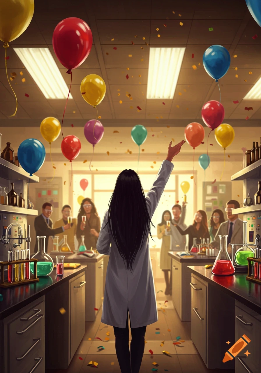 A female scientist in a lab coat raises an arm in a celebratory lab setting with balloons, confetti, and colleagues.