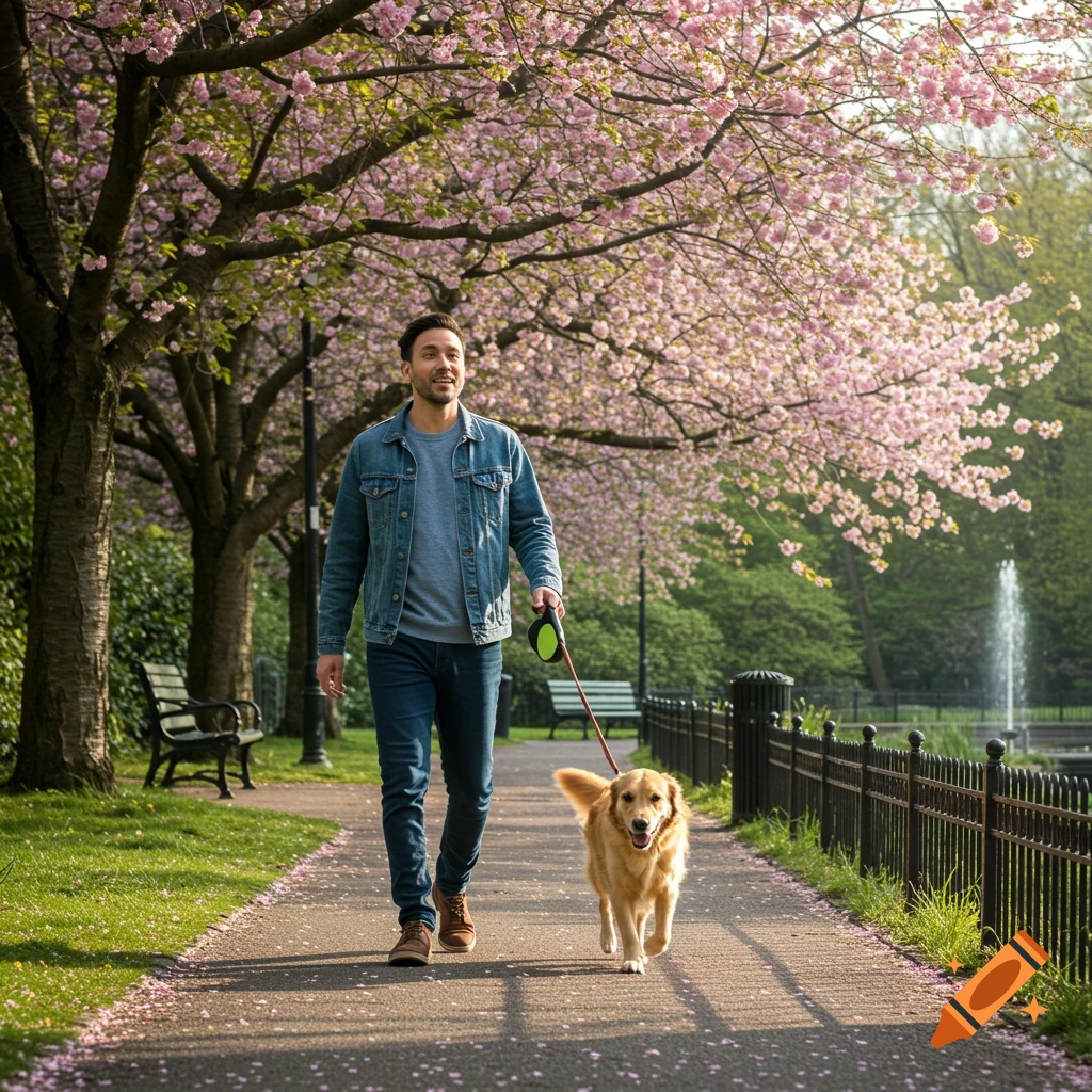 A man walks his golden retriever on a path lined with cherry blossom trees in a sunny park with a fountain.