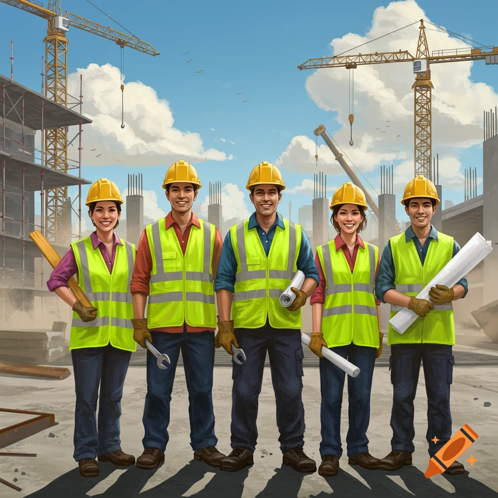 Five construction workers, three men and two women, wearing yellow hard hats and safety vests, stand smiling at a construction site with cranes and unfinished buildings in an illustrative style.