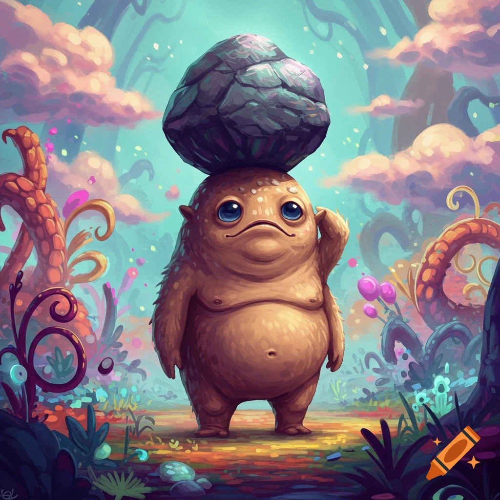 A plump, light brown fantasy creature with blue eyes balances a rock on its head in a colorful, whimsical forest.