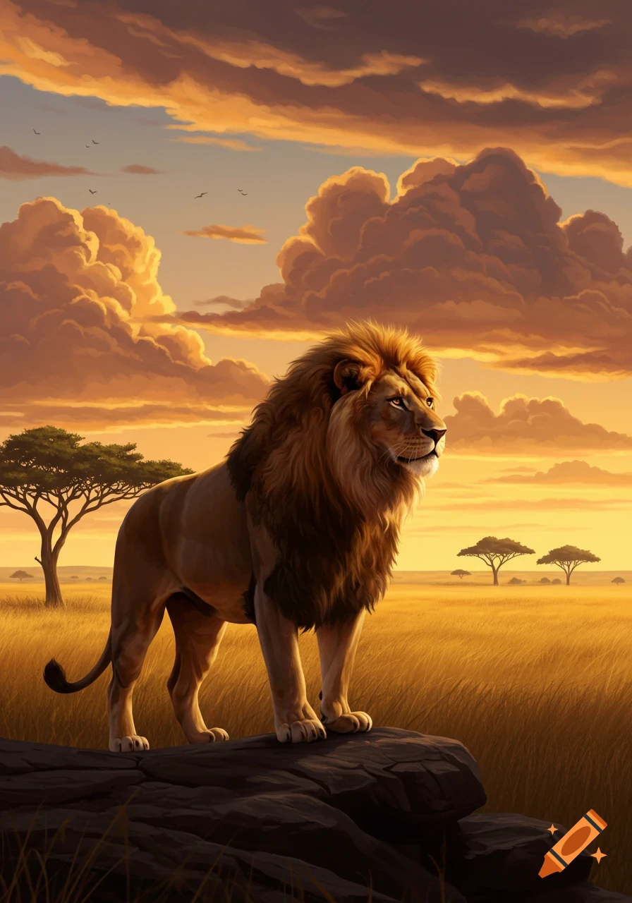 A majestic lion stands on a rock in a golden savanna at sunset, with dramatic orange and purple clouds.