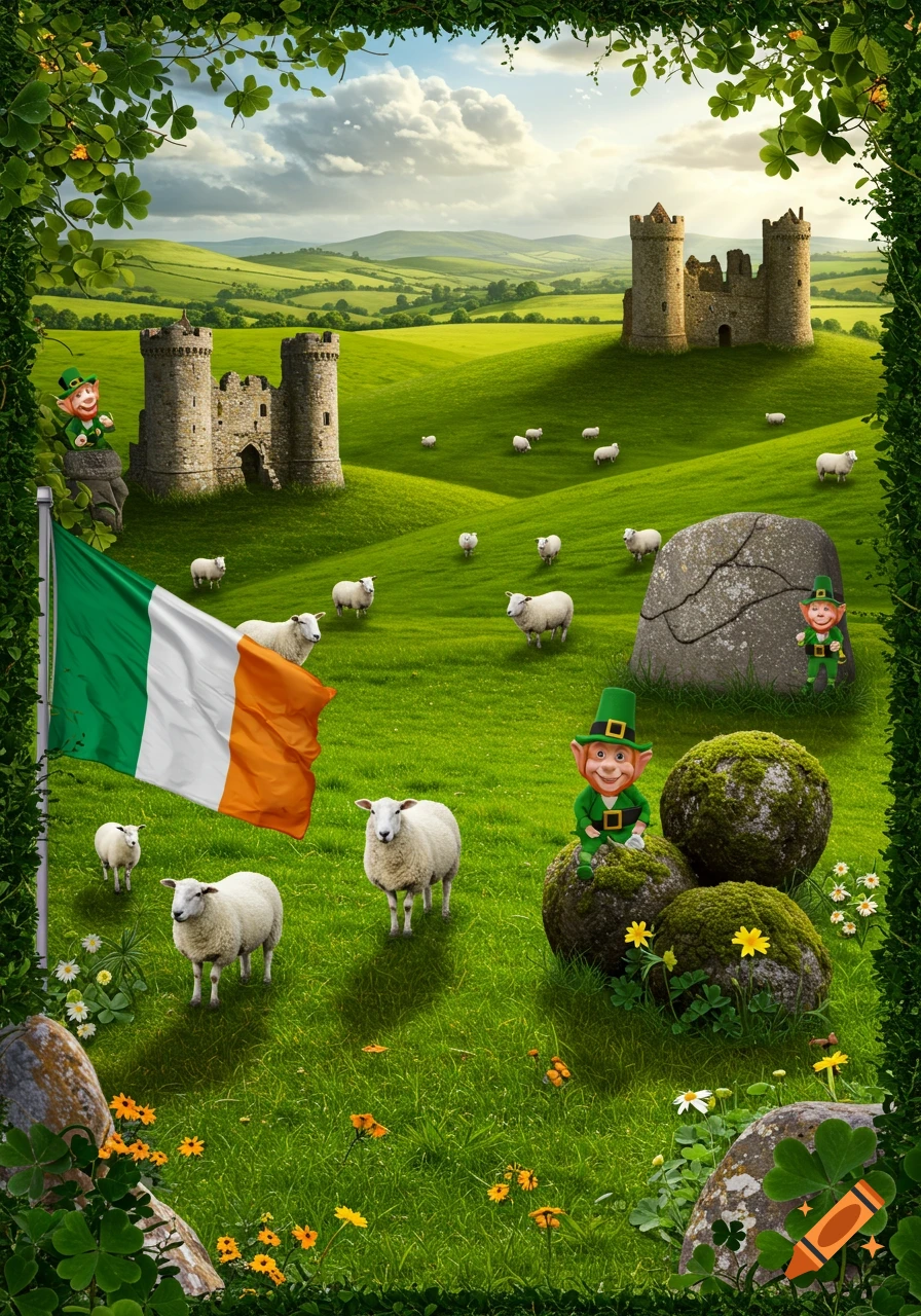 A vibrant fantasy landscape of Ireland with green rolling hills, two castles, many sheep, leprechauns, and a large Irish flag.