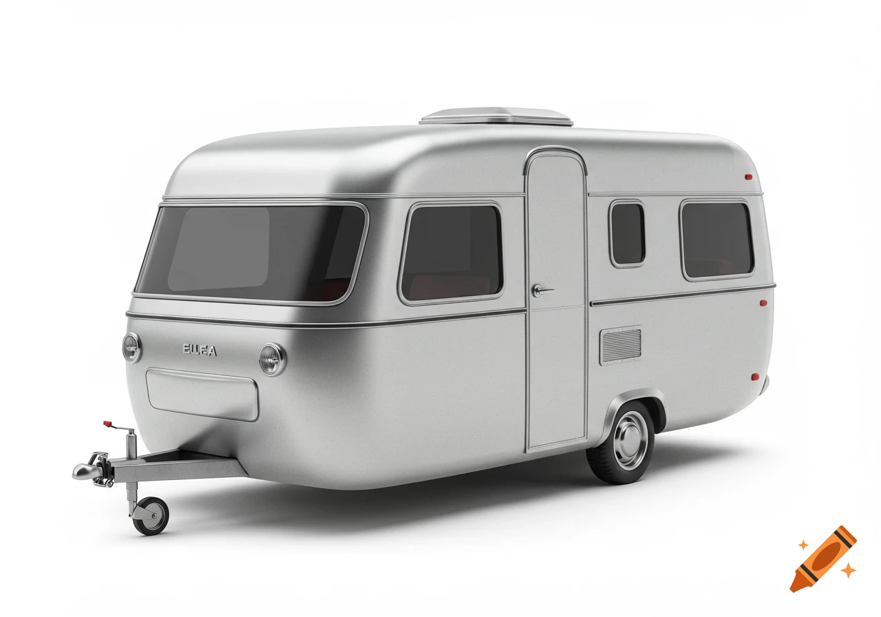 A shiny silver, retro-style travel trailer or caravan with dark windows and "ERIIBA" text on the front, rendered photorealistically on a white background.