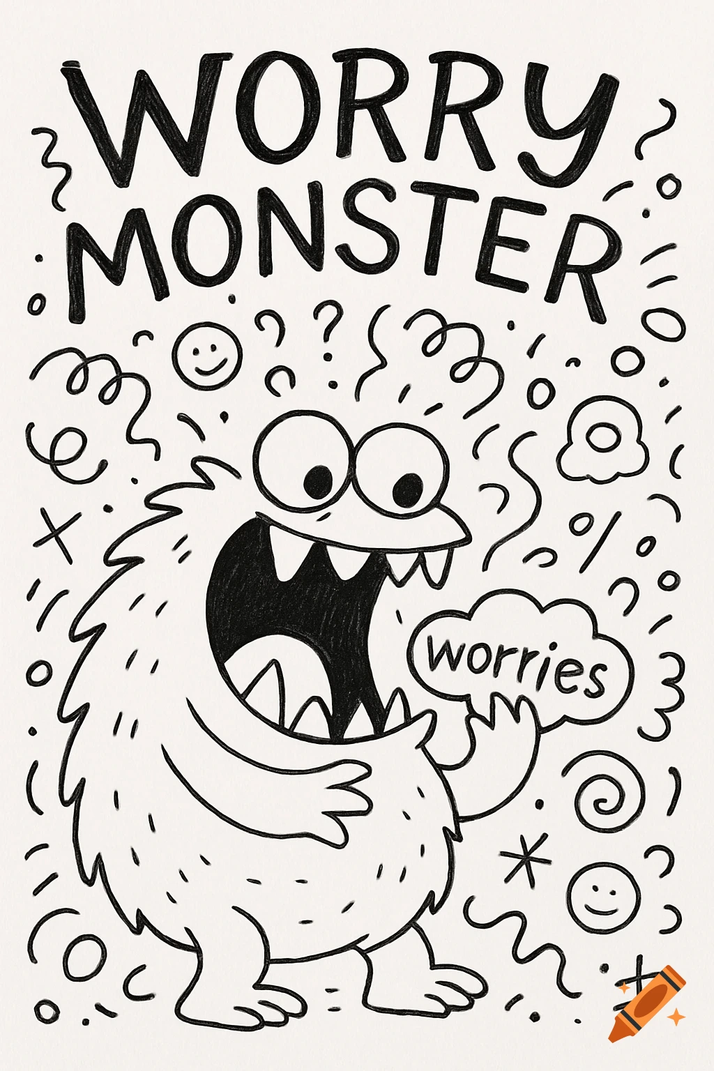 Black and white doodle art of a cartoon monster with "WORRY MONSTER" text above and "worries" in a speech bubble.