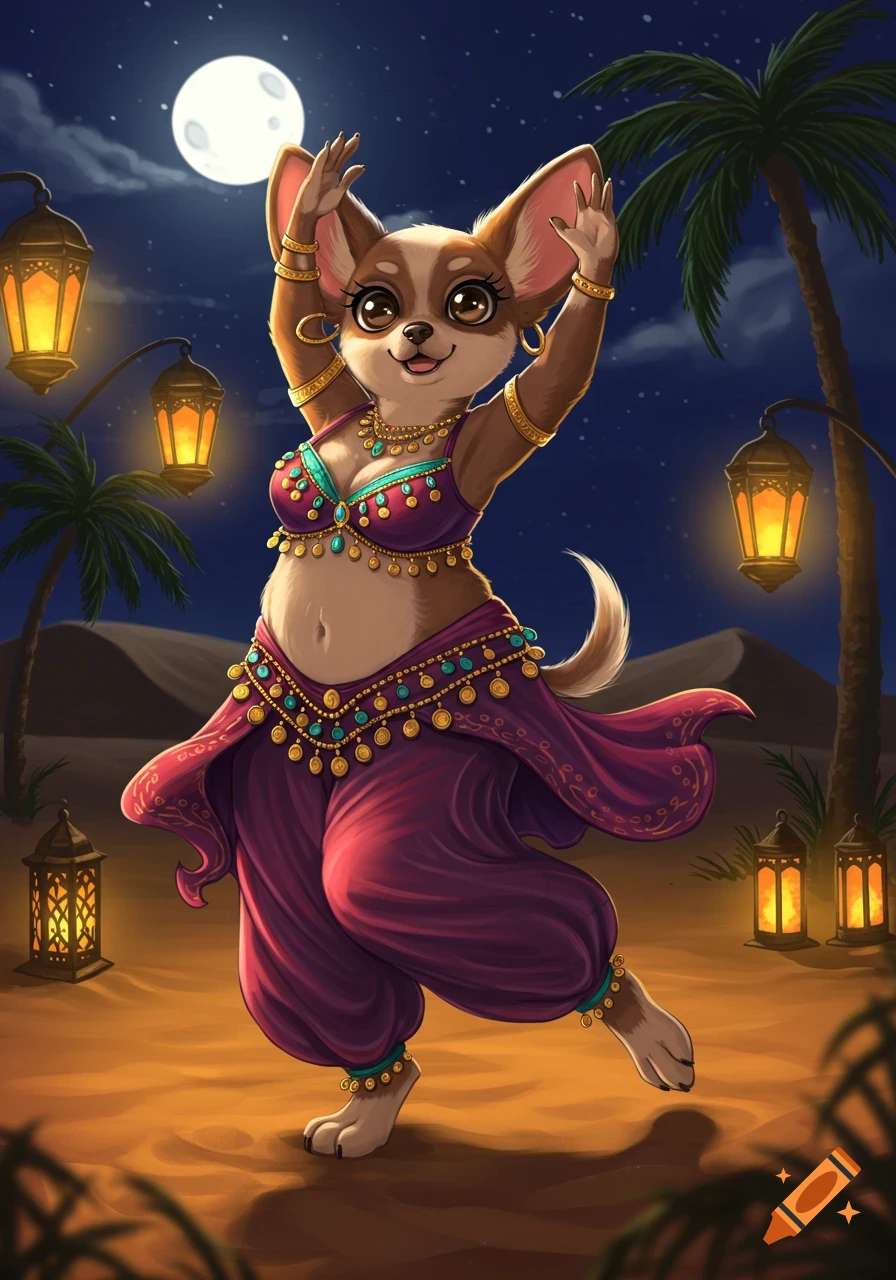 An anthropomorphic chihuahua belly dances in a desert oasis under a full moon, surrounded by glowing lanterns. Cartoon illustration.