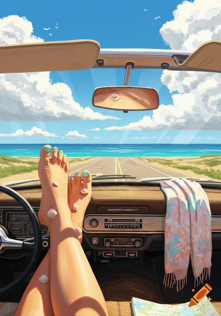 Illustrated view from a car with bare feet on the dashboard, overlooking a coastal road leading to a sunny beach and ocean.