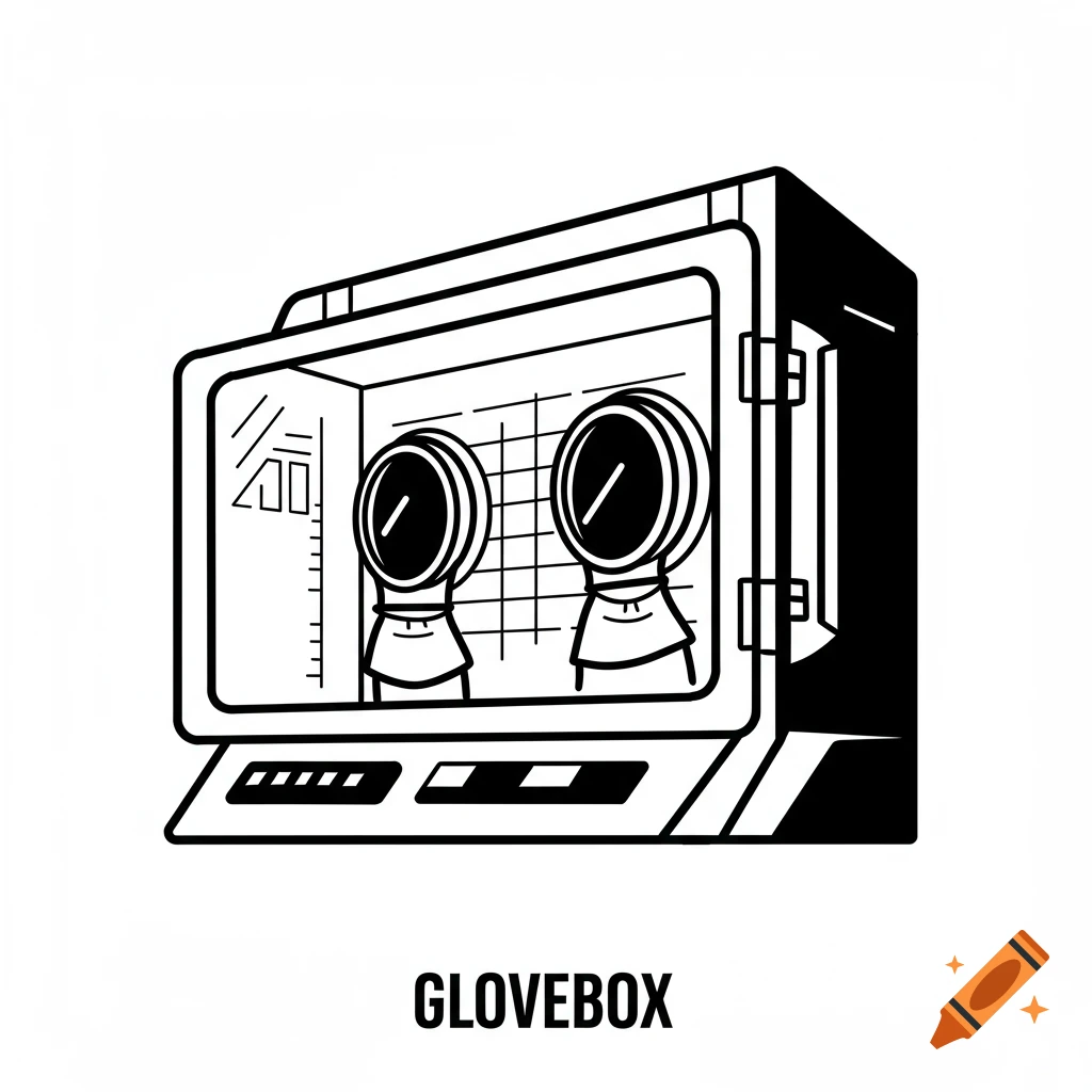 Black and white icon illustration of a nuclear glovebox with two armholes and 'GLOVEBOX' written below it.