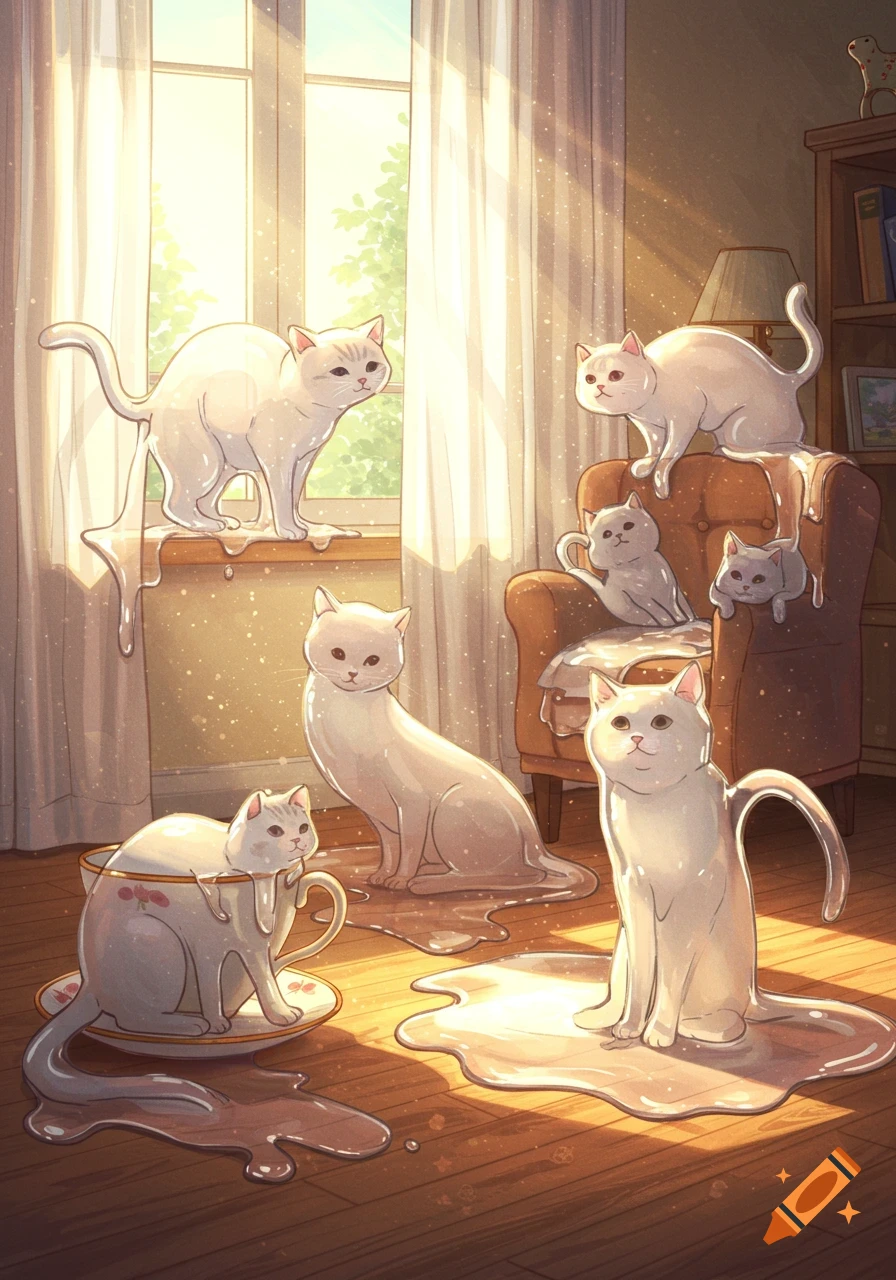 Several white, liquid cats melt and flow on a wooden floor, window sill, and armchair in a sunny room, illustration.