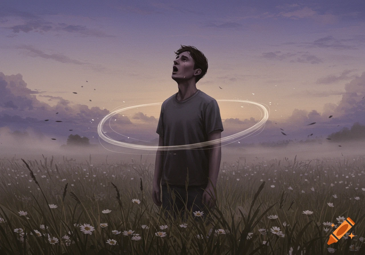 Digital art of a crying man in a field of wildflowers under a cloudy purple sky, with glowing rings around his chest.