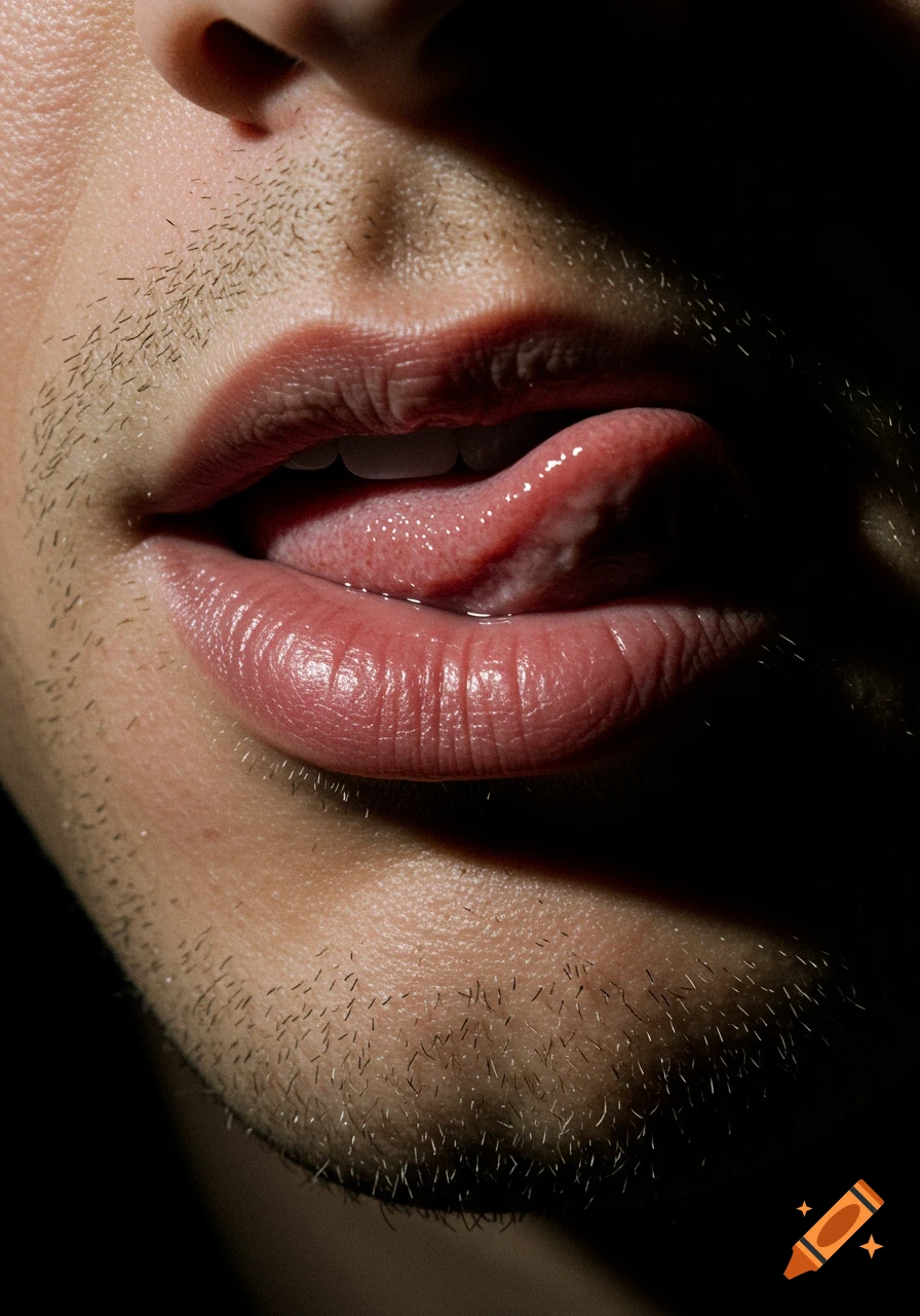 Hyperrealistic extreme close-up of a man's mouth with plump lips and tongue sliding over the lower lip, dramatic shadows, faint stubble.
