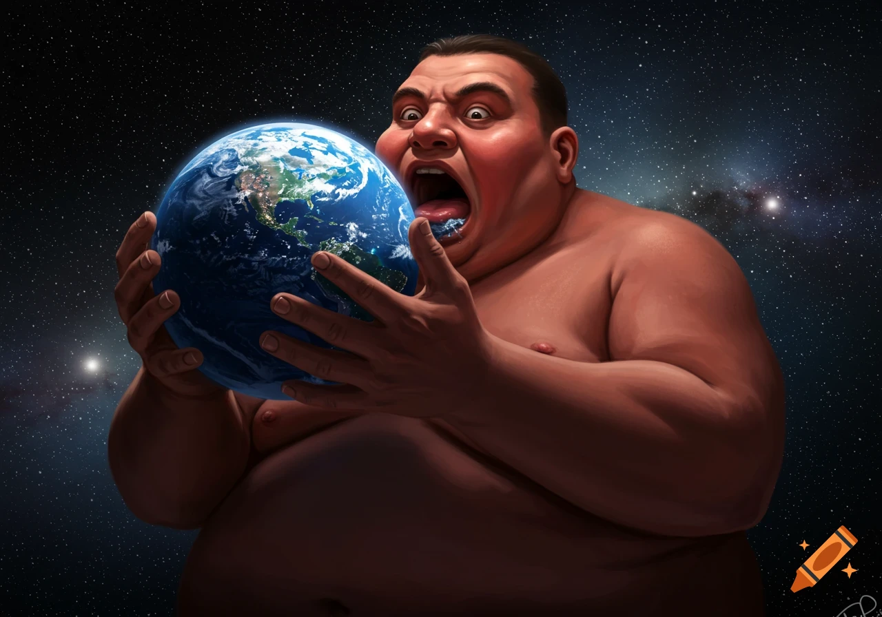 A grotesquely fat, shirtless man in space holds the Earth to his gaping mouth, about to eat it, in a digital painting.