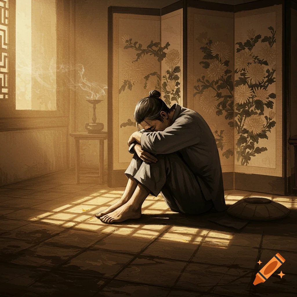 A man sits hunched on the floor in a traditional room, illuminated by warm sunlight through a window with decorative screens.