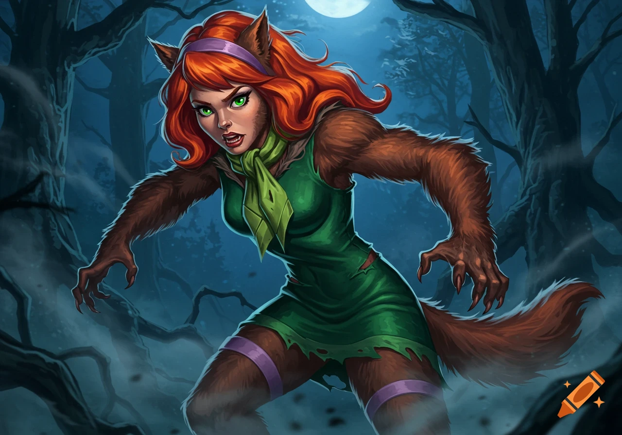 A red-haired character with green eyes, resembling Daphne from Scooby Doo, as a fierce werewolf in a ripped green dress, standing in a dark, moonlit forest.