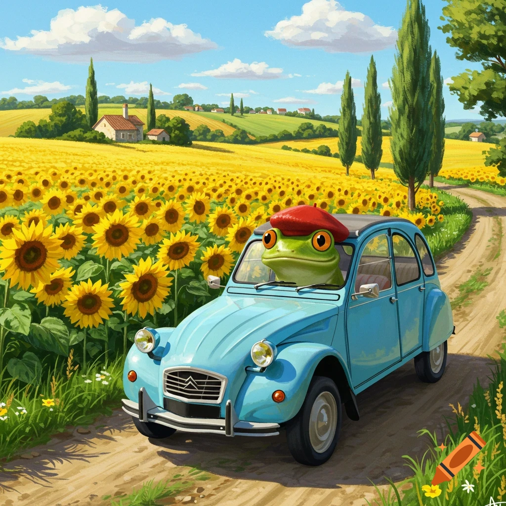 A cartoon frog in a red beret drives a light blue Citroen 2CV through a vibrant sunflower field on a dirt road in the sunny countryside.