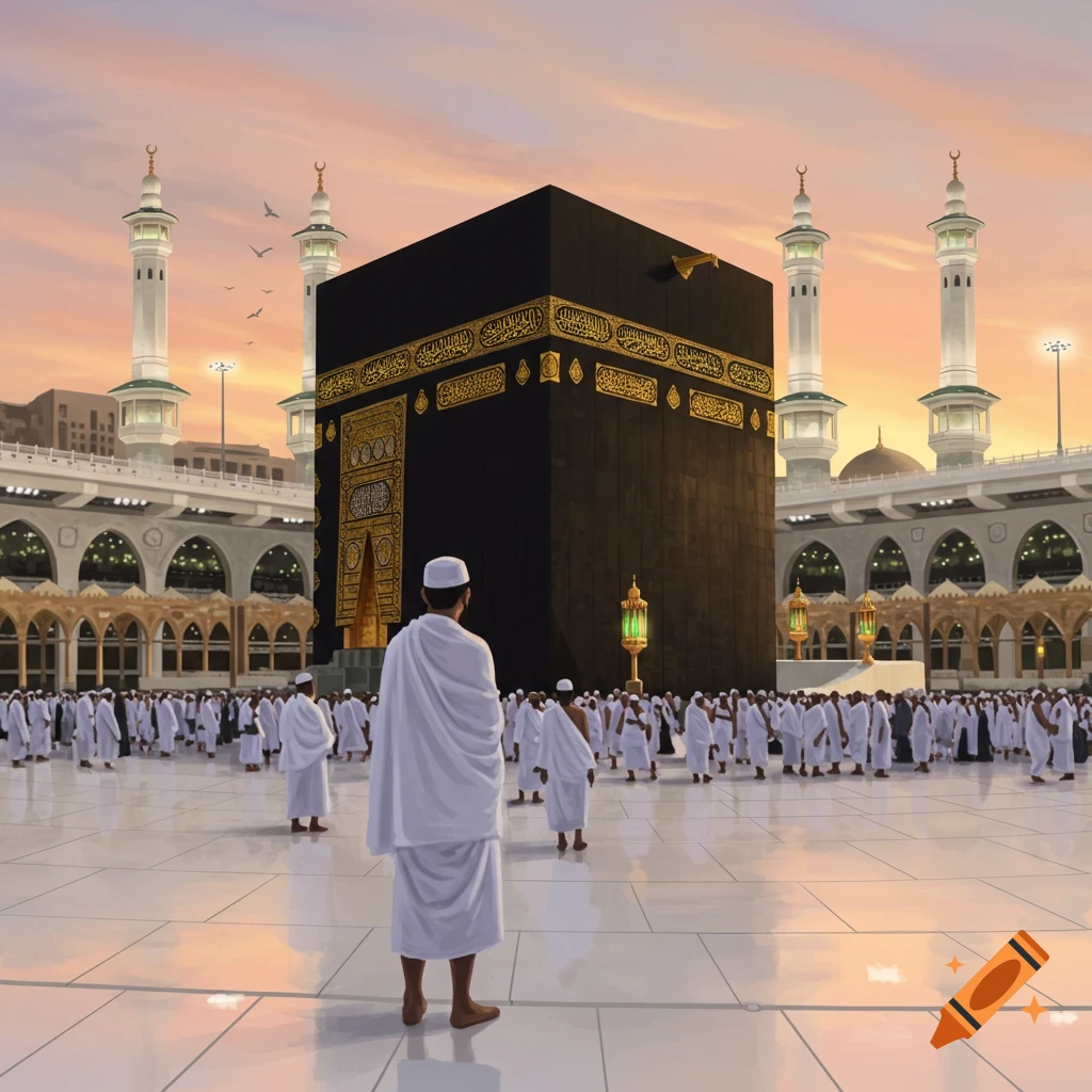 A man in white traditional clothing faces the Kaaba in Mecca, surrounded by many other pilgrims under a soft sunset sky.