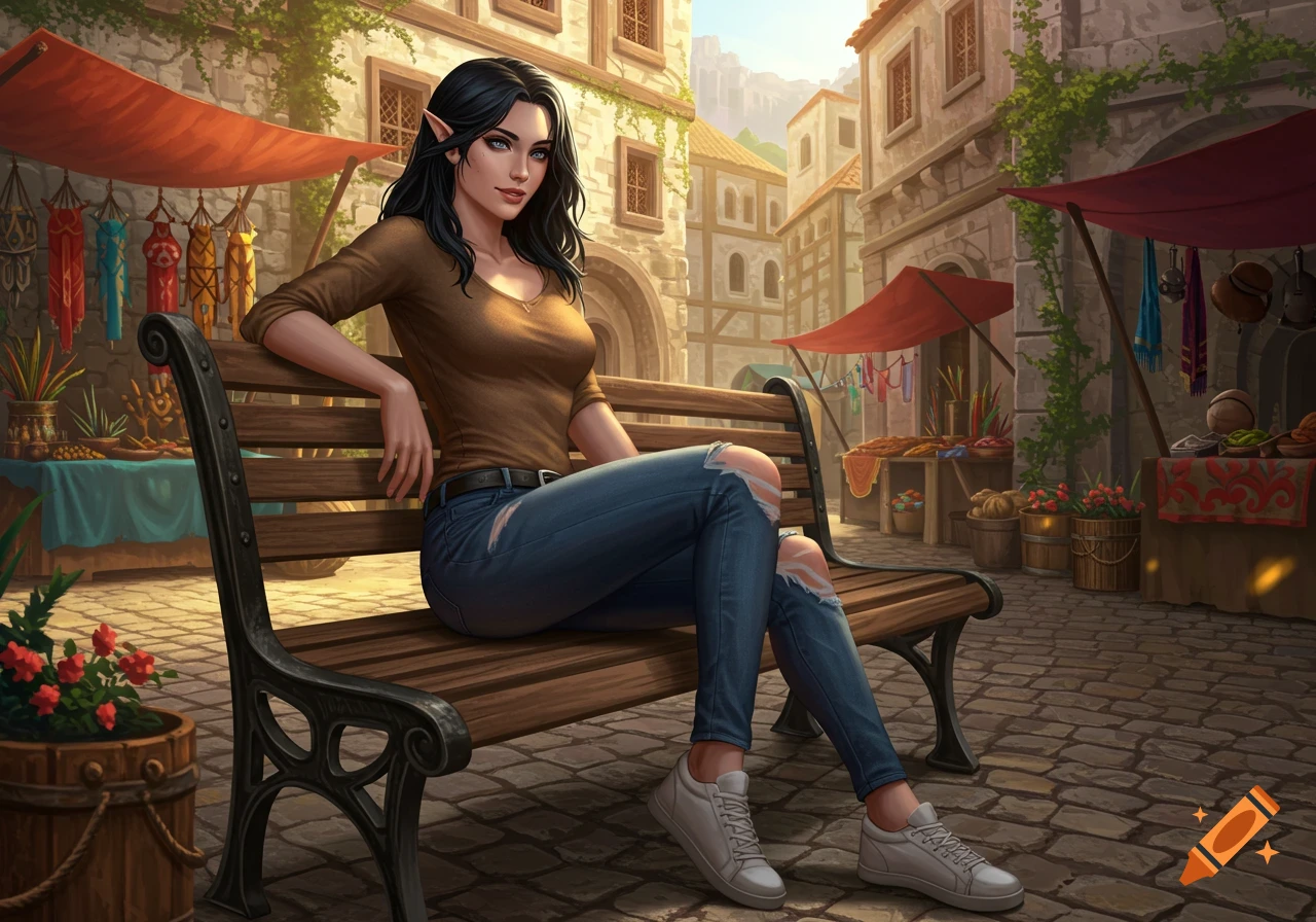 A woman with dark hair and pointed ears sits on a bench in a sunny fantasy town marketplace, wearing ripped jeans and a brown shirt.