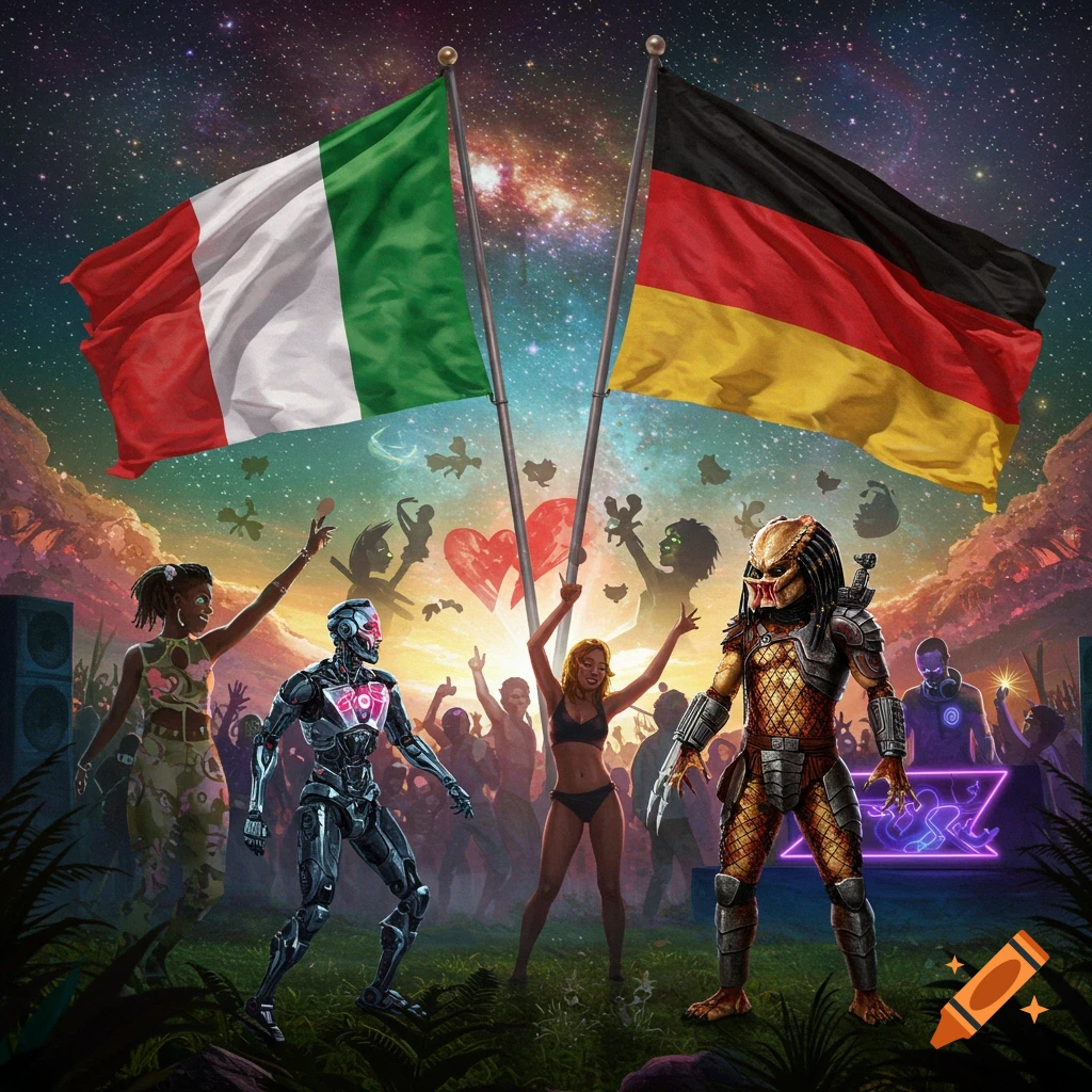 A vibrant party scene under a starry sky, featuring Italian and German flags, a dancing crowd, a cyborg, a woman in a bikini, and the Predator.