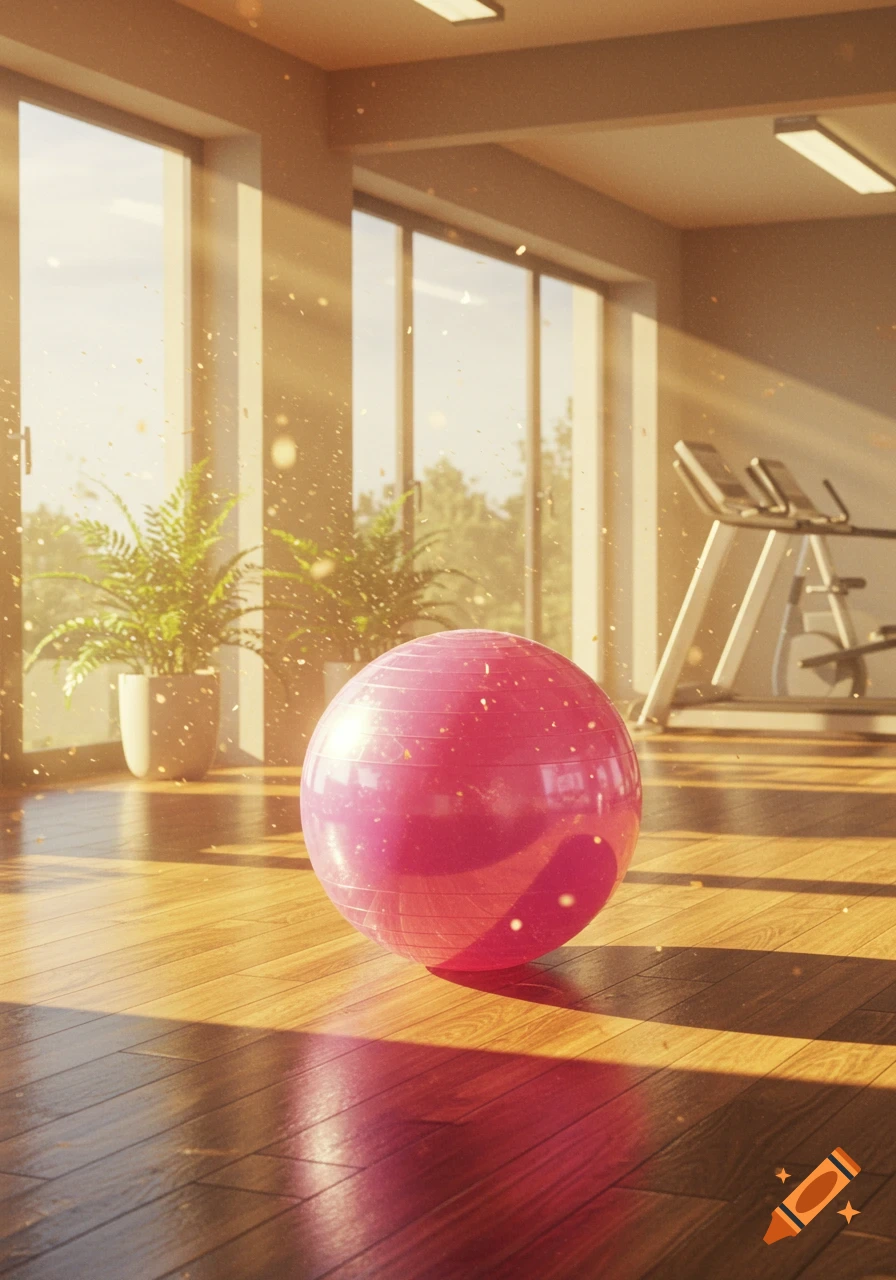 A pink exercise ball on a wooden floor in a sunlit room with large windows and plants, a treadmill in the background.