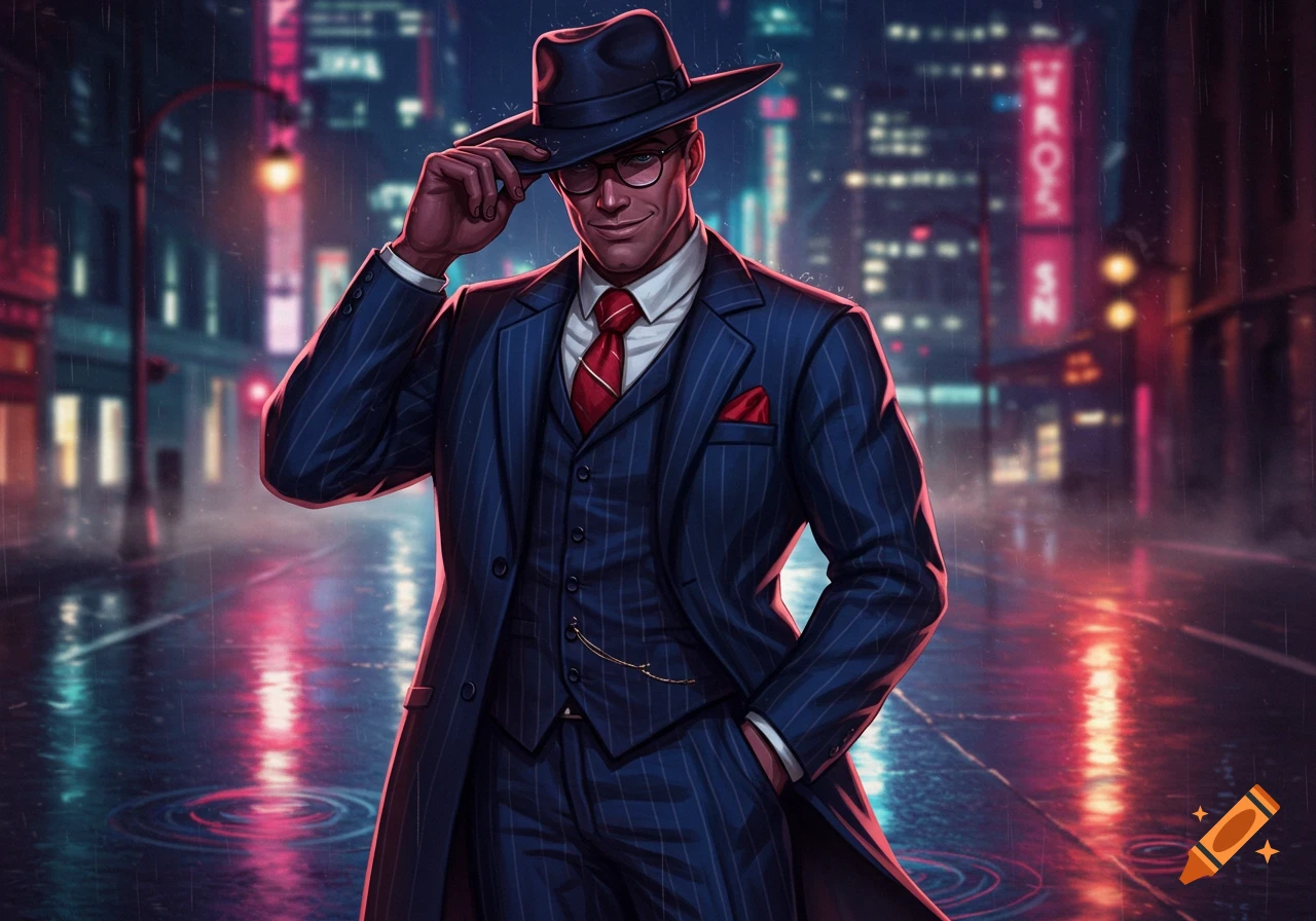 A stylized illustration of a smiling man in a pinstripe suit and fedora tipping his hat on a rainy city street at night.