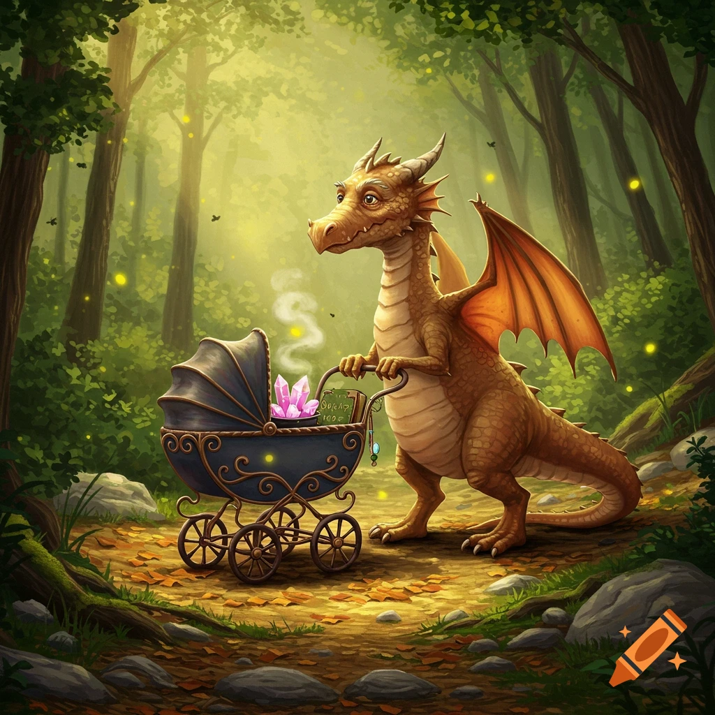 A cartoonish brown dragon pushes a dark blue stroller with glowing pink crystals through an enchanted forest.