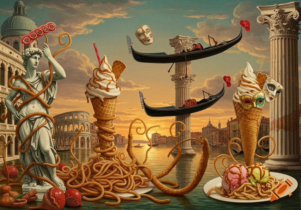 Surreal Italian landscape featuring a spaghetti-wrapped statue, flying gondolas, pasta-covered ice cream cones, and Venetian masks at sunset.