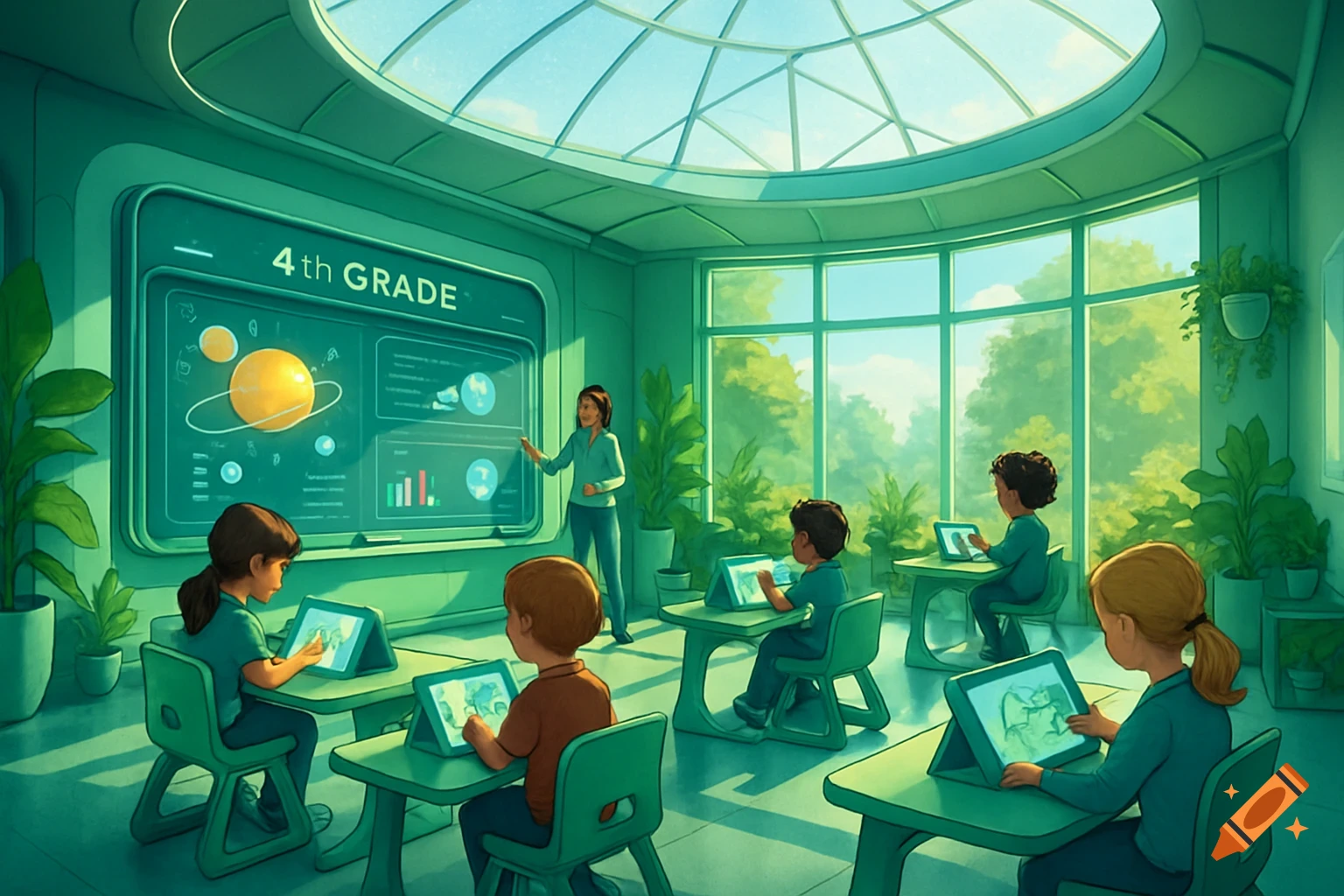 A teacher in a modern, green-themed classroom with a domed skylight lectures to students at individual desks with tablets. The main screen displays '4th GRADE' and diagrams.