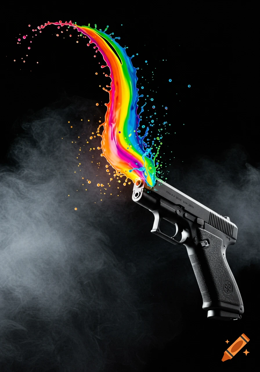 A black handgun with a vibrant rainbow of paint spraying out from its barrel against a dark, smoky background.