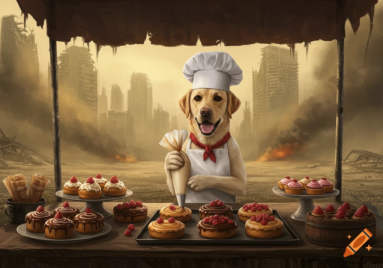 A Labrador chef piping frosting onto pastries on a table in a post-apocalyptic, ruined cityscape with fires.