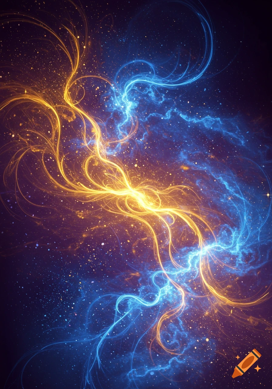 Vibrant abstract cosmic scene with swirling golden and blue glowing energy lines against a dark, star-filled nebula background.