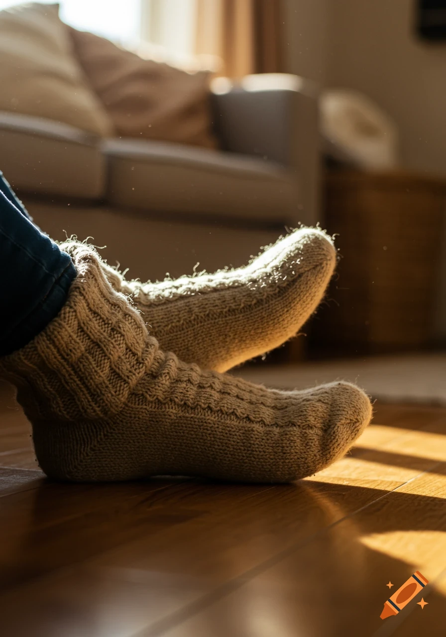 Photorealistic image of feet in cozy knitted wool socks resting on a sunlit wooden floor in a warm, domestic interior.